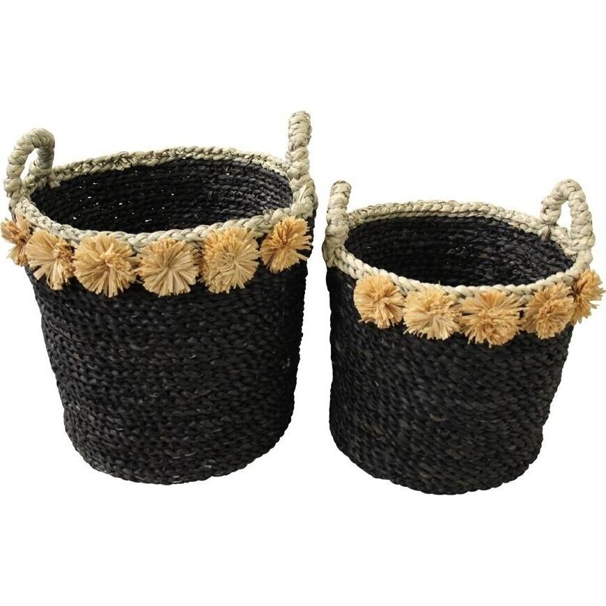 Tub basket Black/Natural PomPoms S/2