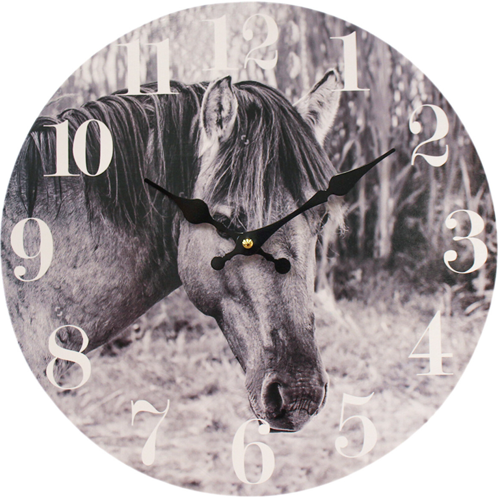 Clock B/W Horse 34cm