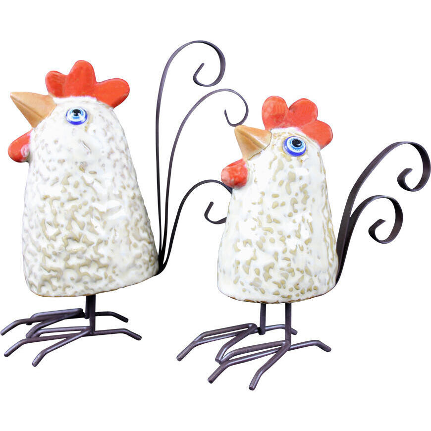 Ceramic Chickens Metal Tail S/2