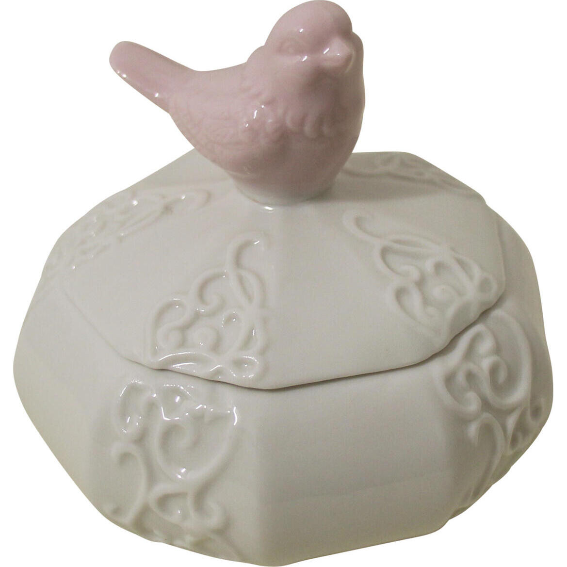 Trinket Box Hexa White W/Bird