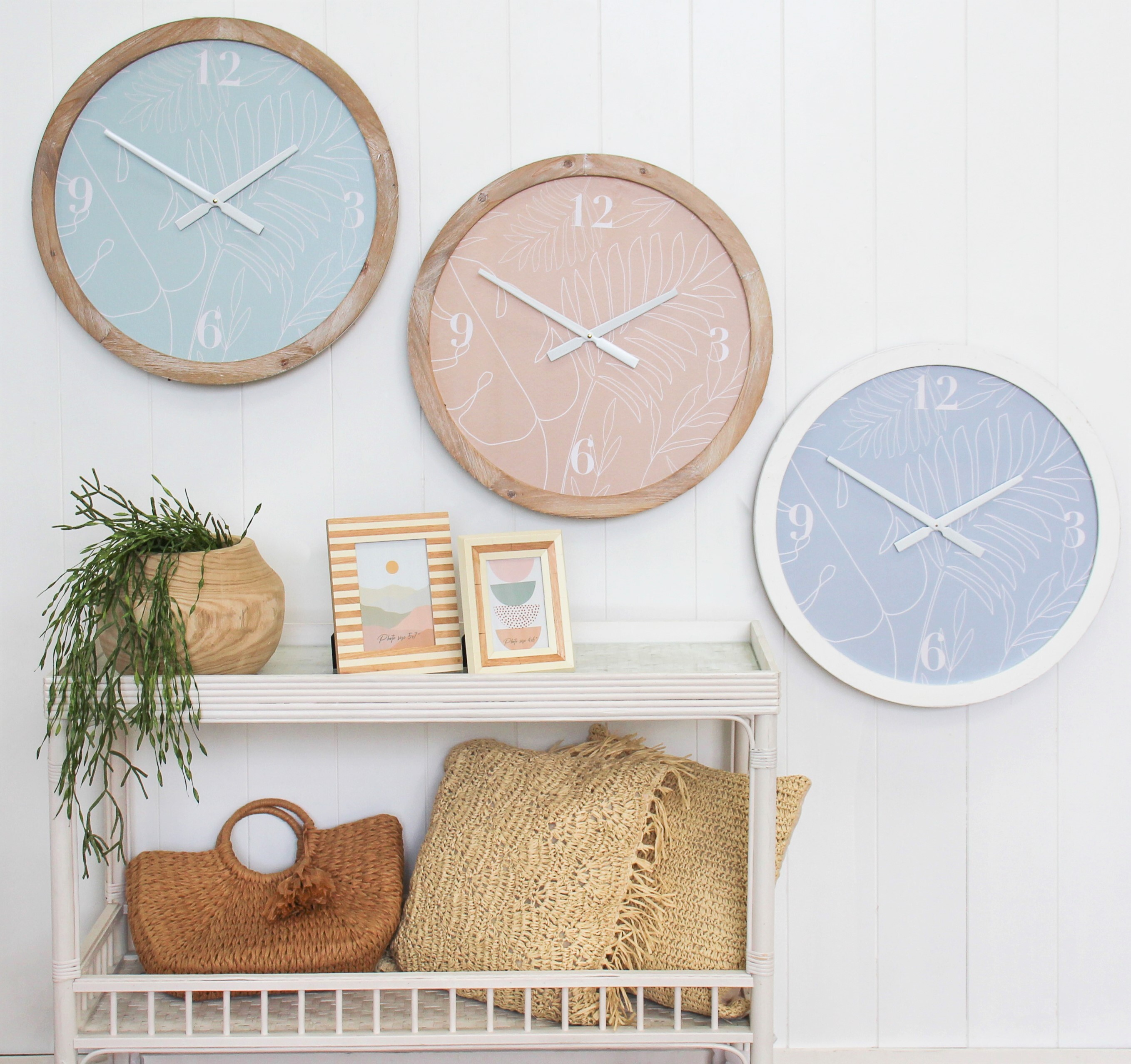  Clock Blue Palm Framed White