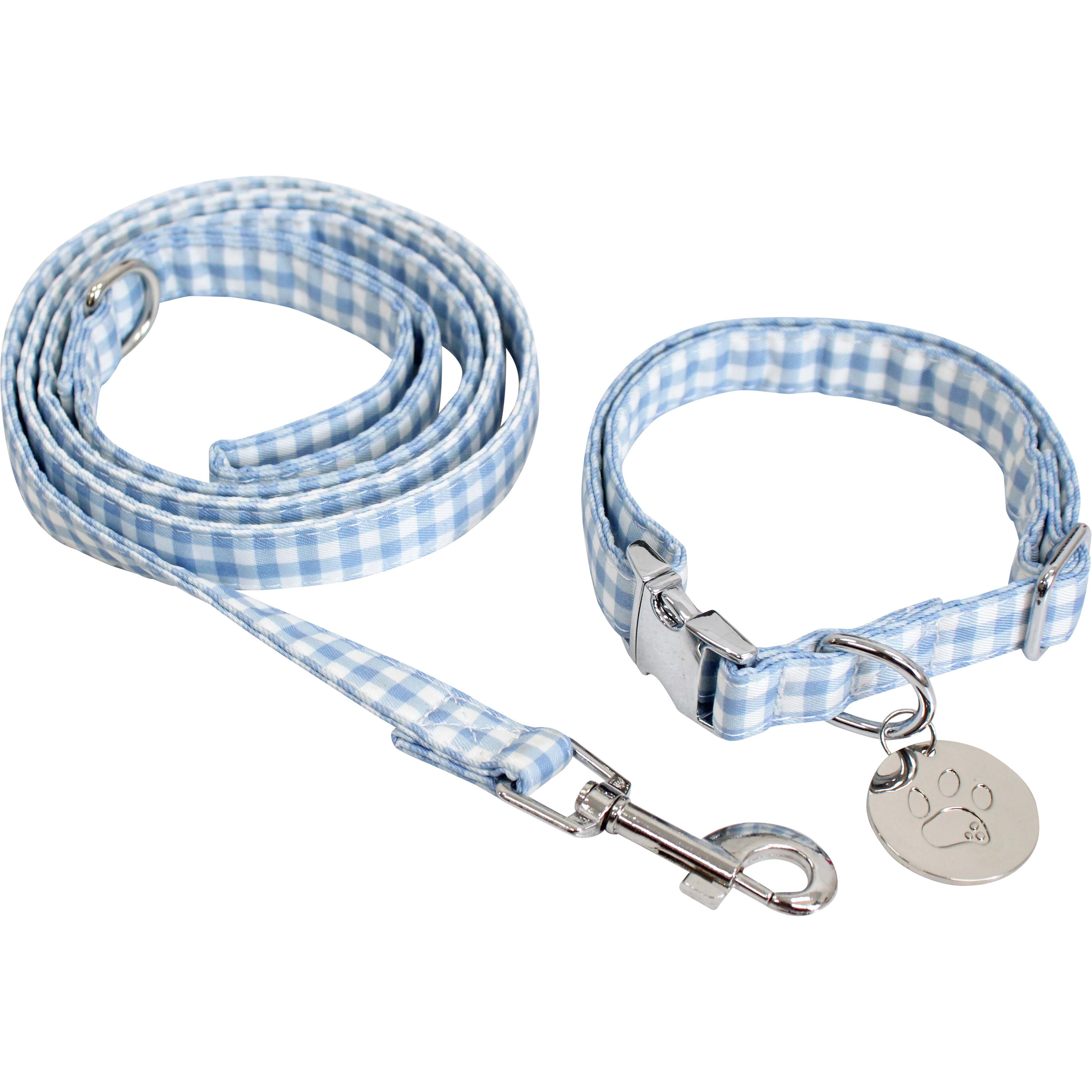 Collar & Lead Set Med Check Blue