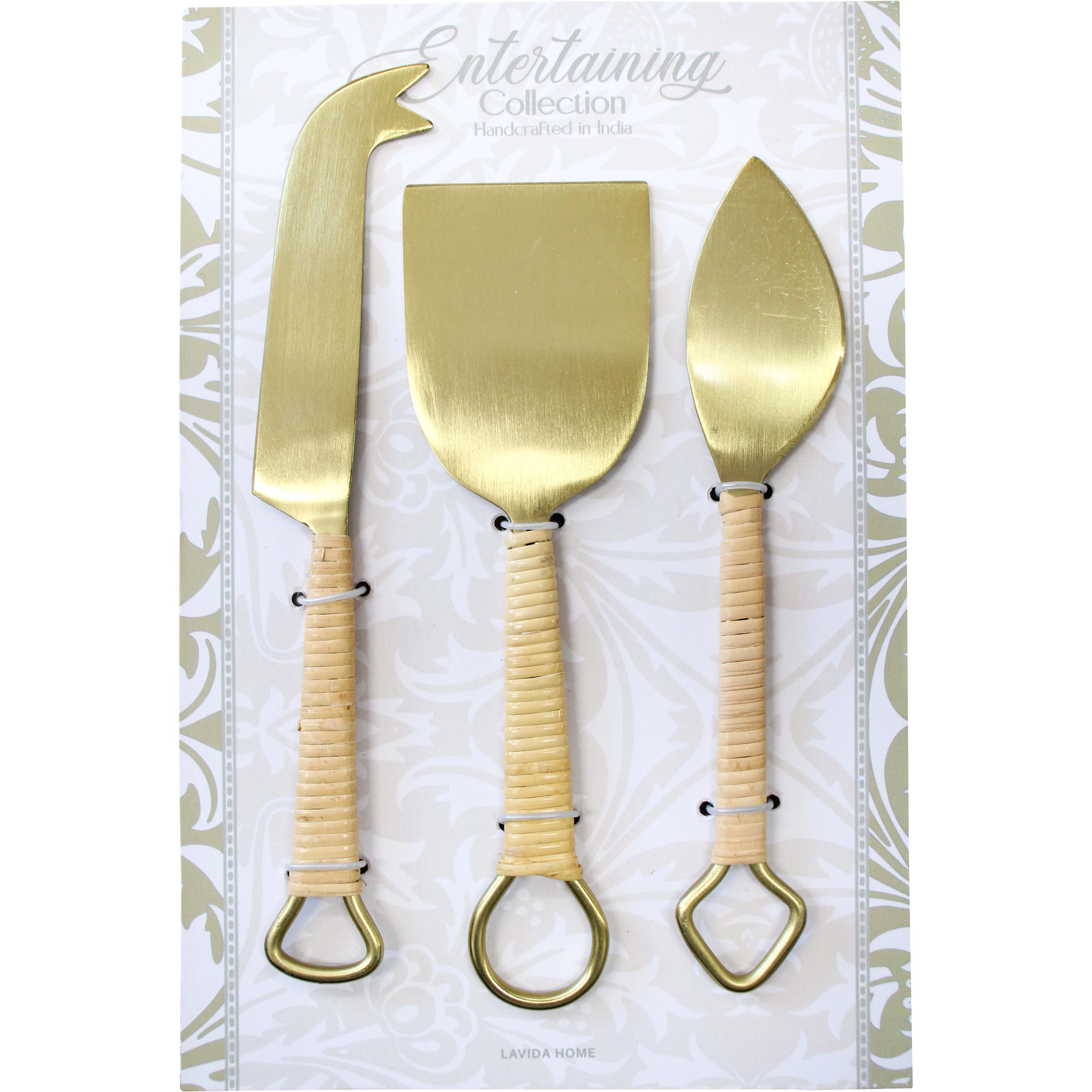 Cheese Knife Mix Rattan/Brass