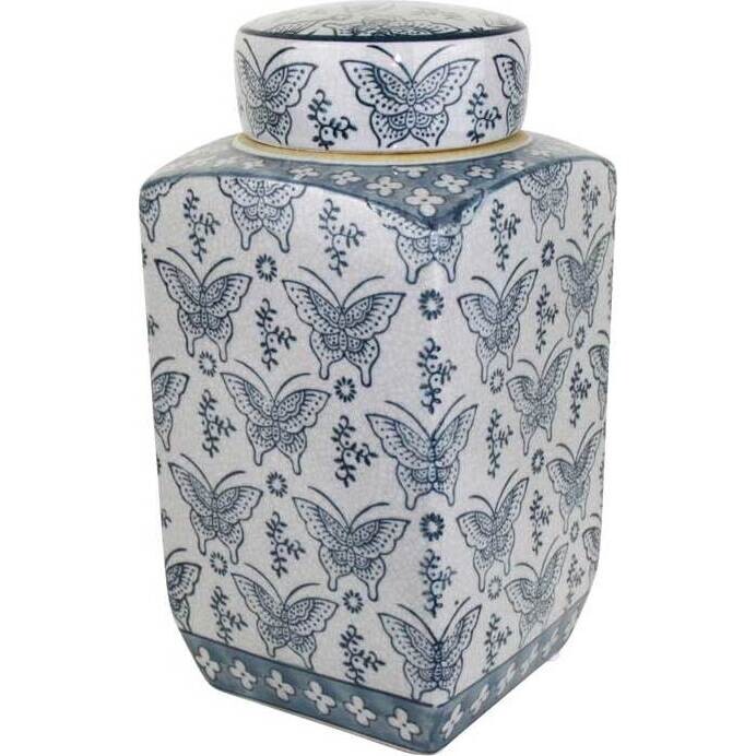 Lidded Jar Butterfly Blue Tall