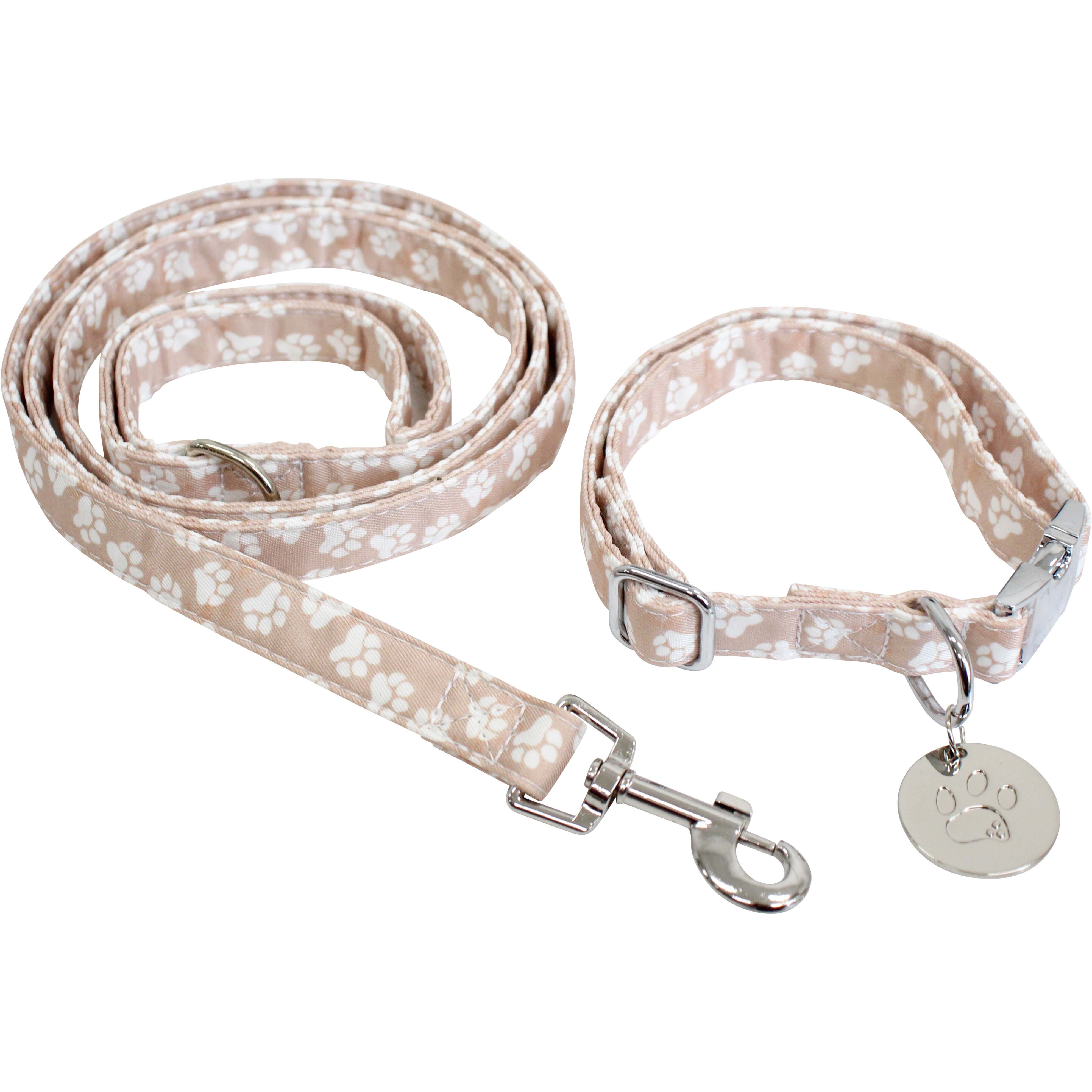 Collar & Lead Set Med Paws Beige