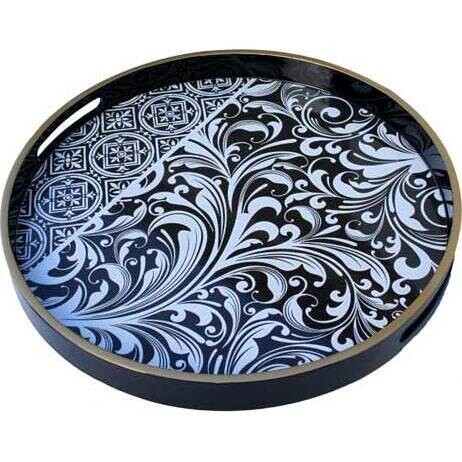 Tray Round BW Leaf Swirl