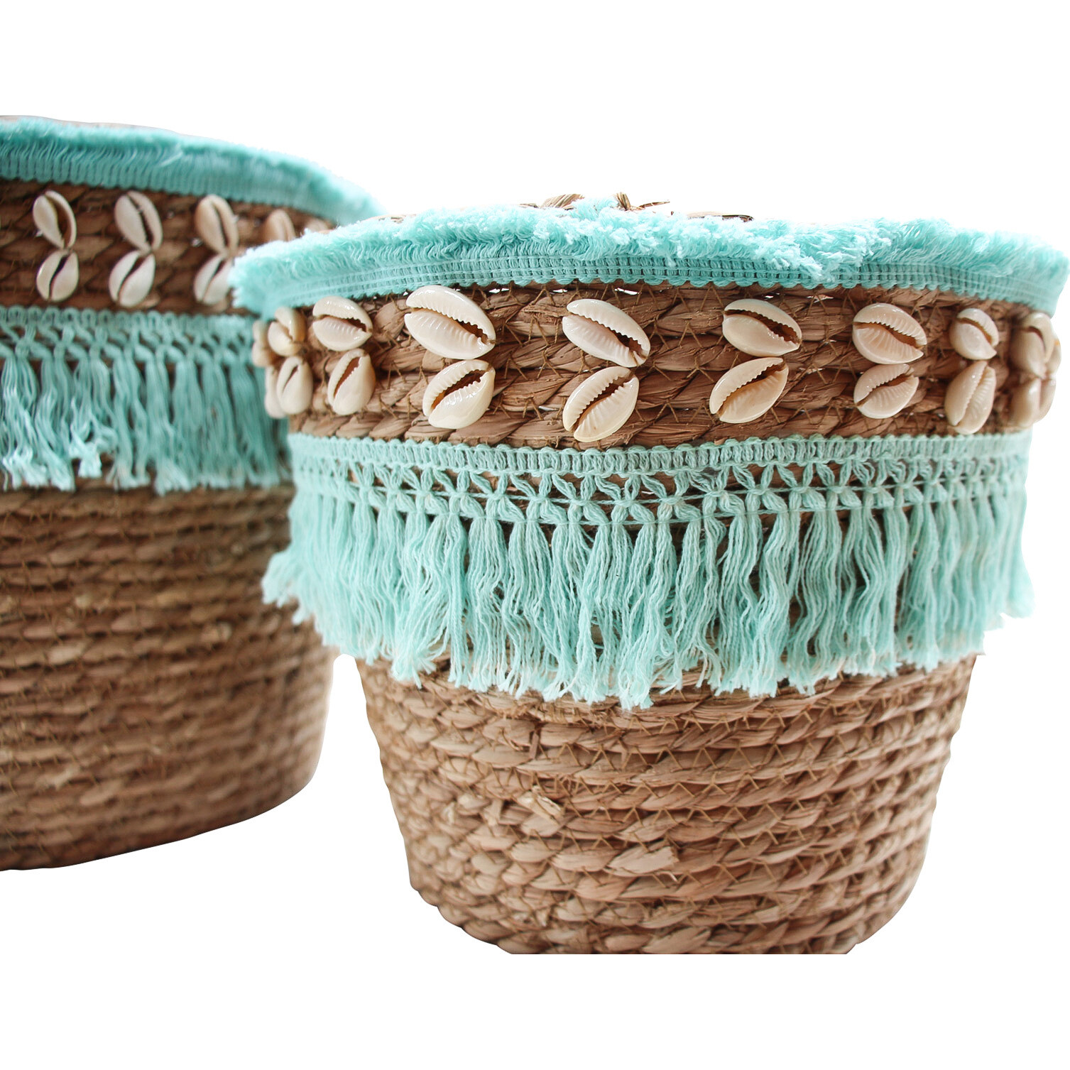 Basket Fringe Aqua Sml S/2