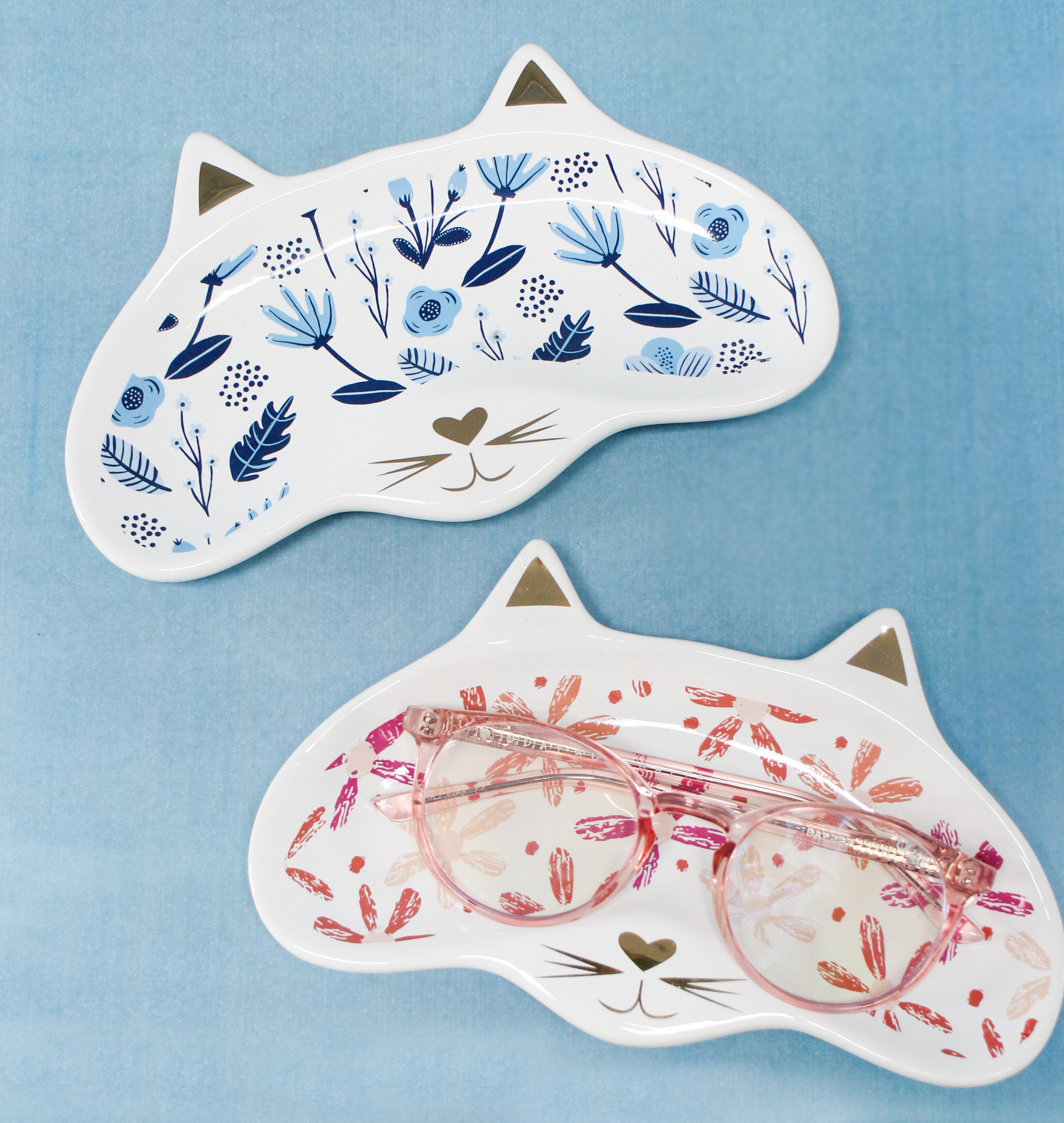 Cat Trinket/Glasses Dish Folk Pink